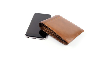 Smart phone and brown wallet on white background