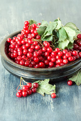 Ripe red viburnum berries in a round wooden bowl on an old table. Selective focus.