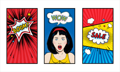 Set of templates for social media story cover. Surprised woman with Wow pop art face and open mouth. Vector colorful background in pop art retro comic style with speech bubbles - obrazy, fototapety, plakaty