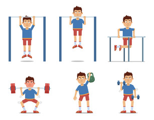 Set of sportsman making different physical exercises. Cheerful sportsman making pull-ups, push ups, workout, weight lifting, barbell, dumbbell training. Flat style vector illustration