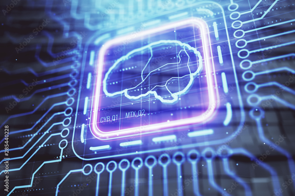Poster brain drawing hologram with abstract background. multi exposure. data technology concept.