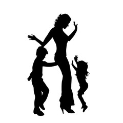 Fototapeta na wymiar Vector silhouette of woman with her children on white background. Symbol of family, mother, daughter, son, siblings.