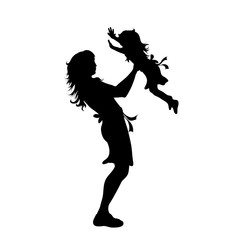 Fototapeta na wymiar Vector silhouette of woman with her baby on white background. Symbol of family, mother, daughter, son,maternity.