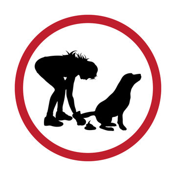 Vector silhouette of woman with her dog who makes poop on white background. Symbol of animal, pet, walk,park,excrement.