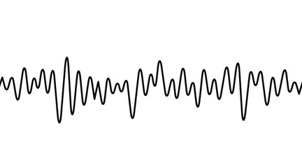 Black curvy line on white background. Radio wave or music equalizer, sound wave. Stylized Cardiogram, interface design for medical equipment, vector illustration.
