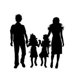 Vector silhouette of mother and father with her children on white background. Symbol of family, daughter,twins, siblings.