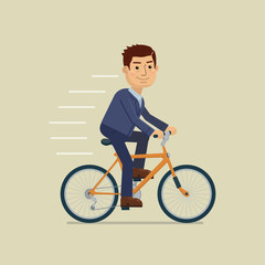 Illustration of a businessman riding bike. Cheerful businessman cycling isolated on abstract background. Eco transport, healthy lifestyle, sport. Flat style vector illustration