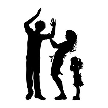 Vector silhouette of father who screaming on his family on white background, Symbol od angry, annoy, sad, problem, wife, daughter.
