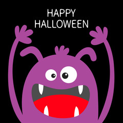Happy Halloween. Monster head violet silhouette. Two eyes, ears, teeth fang, tongue, hands up . Cute cartoon kawaii funny character. Baby kids collection. Flat design. Black background.