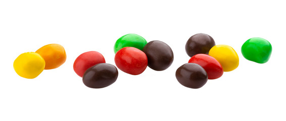 Multicolor shiny nuts and raisins dragee isolated on white background