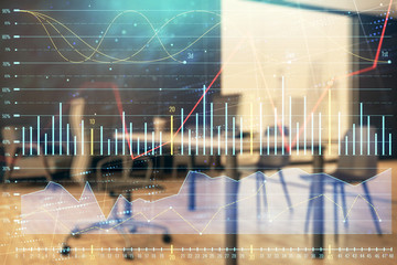 Business theme graph hologram with minimalistic cabinet interior background. Double exposure. Stock market concept.