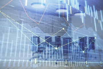 Fototapeta na wymiar Multi exposure of stock market graph on conference room background. Concept of financial analysis