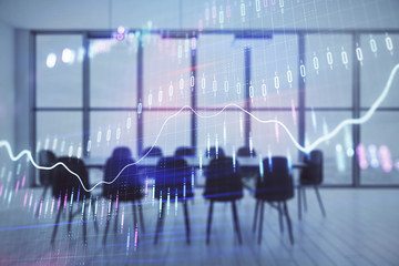 Multi exposure of stock market graph on conference room background. Concept of financial analysis