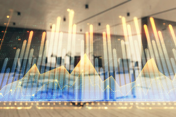 Stock market chart with trading desk bank office interior on background. Double exposure. Concept of financial analysis