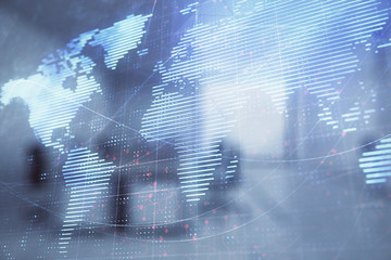 World map with trading desk bank office interior on background. Multi exposure. Concept of...