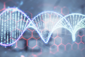 DNA drawing with office interior on background. Double exposure. Concept of education