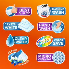 All washing clothes stickers set - micro cleaning, clear water, best quality, crystal white, alpine freshness, color, machine and hand wash Clean laundry, fibers, water drop, thumbs up icons, vector.