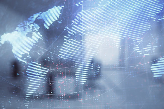 World map with trading desk bank office interior on background. Multi exposure. Concept of international finance