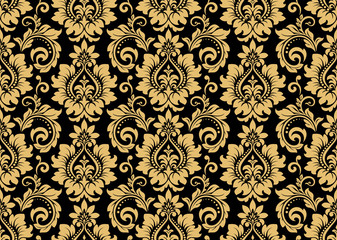 Wallpaper in the style of Baroque. Seamless vector background. Gold and black floral ornament. Graphic pattern for fabric, wallpaper, packaging. Ornate Damask flower ornament