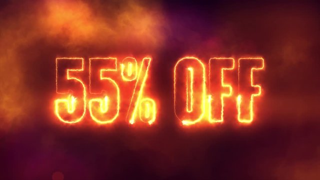 55 percent off burning text symbol in hot fire on black sale  background