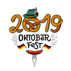 2019 Oktoberfest. Vector flat color illustration for German beer festival in Munich. Hand Drawn Lettering with sausage with tyrolean hat, pretzel and german flag. 