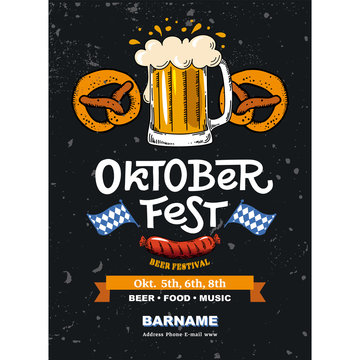 Lettering Oktoberfest. German beer festival in Munich. Concept design for poster. with mug of beer, pretzel. Template in style flat vector illustration for flyer.