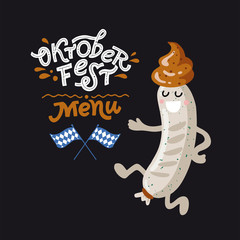Lettering Oktoberfest- german beer festival in munich. Vintage food menu cartoon design. Character white sausage with mustard dance. Template flat vector illustration of weisswurst.