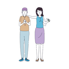 young couple friends listen music with player