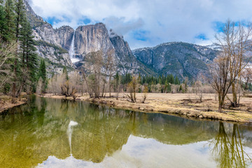 Yosemite fall reflection with the water during winter season