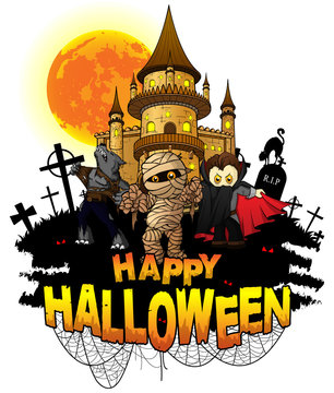 Halloween Design template with castle, mummy, vampire and werevolf. Vector illustration.