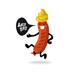 Oktoberfest- german beer festival in munich. Vintage food poster cartoon design. Kawaii character sausage with mustard dance and speak Hey Bro. Template flat vector illustration for card, print.