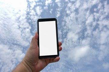 Man holding black smartphone with blank screen  to put your picture. Mock up, copyspace, template, entertainment and technology concept.