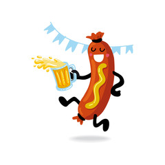 Oktoberfest- german beer festival in munich. Vintage food poster cartoon design. Funny kawaii sausage with mustard dance and drink beer. Template flat vector illustration for card, print.