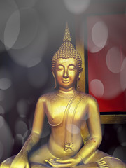golden buddha statue, The face of gold buddha statue, Close up of the old Thai buddha with wooden wall background in art of religion concept
