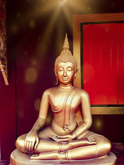 golden buddha statue, The face of gold buddha statue, Close up of the old Thai buddha with wooden wall background in art of religion concept