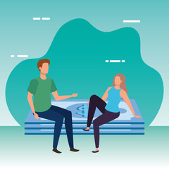 young couple with bills dollars character