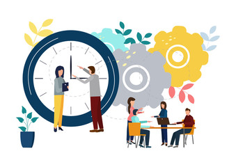 Vector illustration, round clock on white background, time management concept.