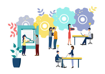 Vector illustration, teamwork, employees caught the idea, searching for new creative ideas.