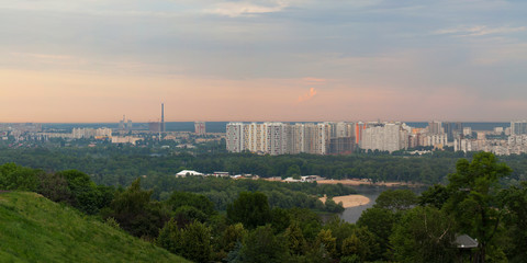 Top view of Kiev from the Peremogy park, at the sunset time in May, Ukraine