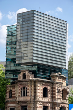 Bucharest / Romania - 04.21.2019: Modern office building built on top of old one innovating architecture with a stylish design