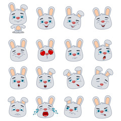 Big set of heads with expressions of emotions of funny bunny rabbit in cartoon style isolated on white background