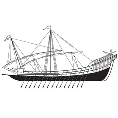 black and white image of the Venetian galley. vector illustration.