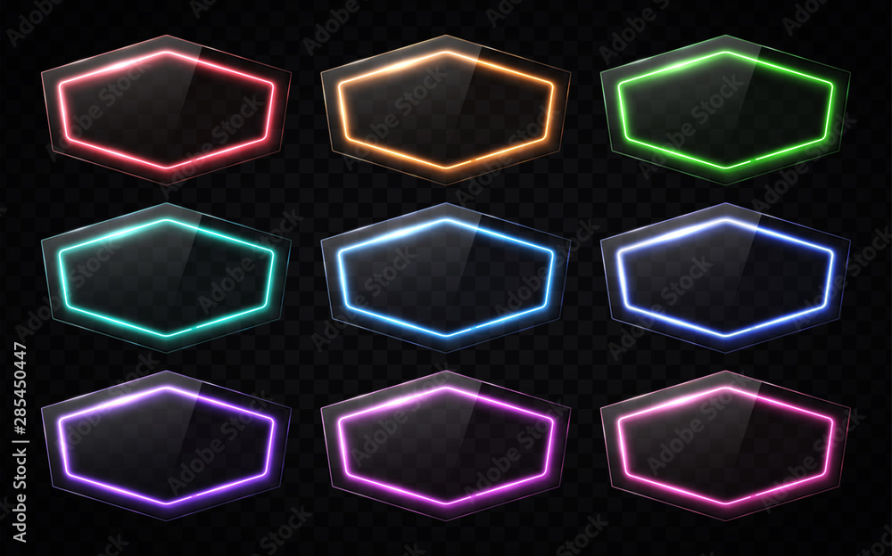 Poster 3d realistic neon light sign set on transparent background. color led line lamp border with glossy g