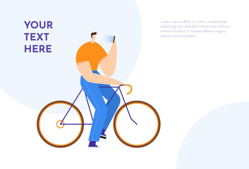 Man on bicycle looking at smartphone. Male cartoon character, communication in social networks. Text background. Flat vector illustration. Use in web projects and applications.