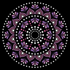Mandala dot painting vector design, Aboriginal dot art style, Australian folk art boho style in pink and purple