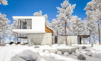 3d rendering of modern cozy house on the hill with garage and pool for sale or rent with beautiful landscaping on background. Cool winter day with shiny white snow.