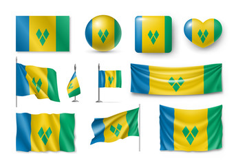 Various flags of Saint Vincent and the Grenadines caribbean country set. Realistic waving national flag on pole, table flag and different shapes badges. Patriotic design isolated vector illustration.