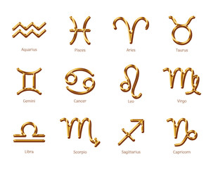 Golden zodiac symbols isolated on white background. Luxury star signs set for astrology horoscope predictions. Glossy zodiac icons. Realistic gold design of horoscope constellation vector illustration