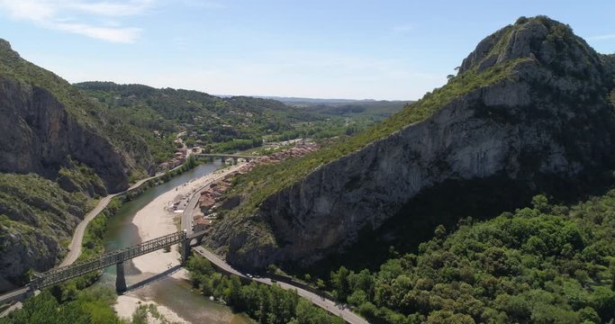 Anduze wide aerial approach, Gard, France