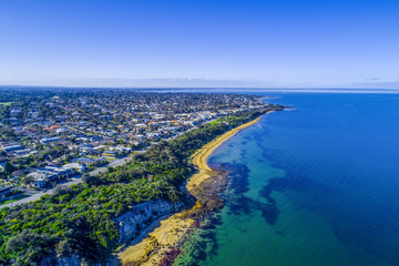 Aerial view of Black Rock suburb and beautiful Port Phillip Bay coastline in Melbourne, Australia